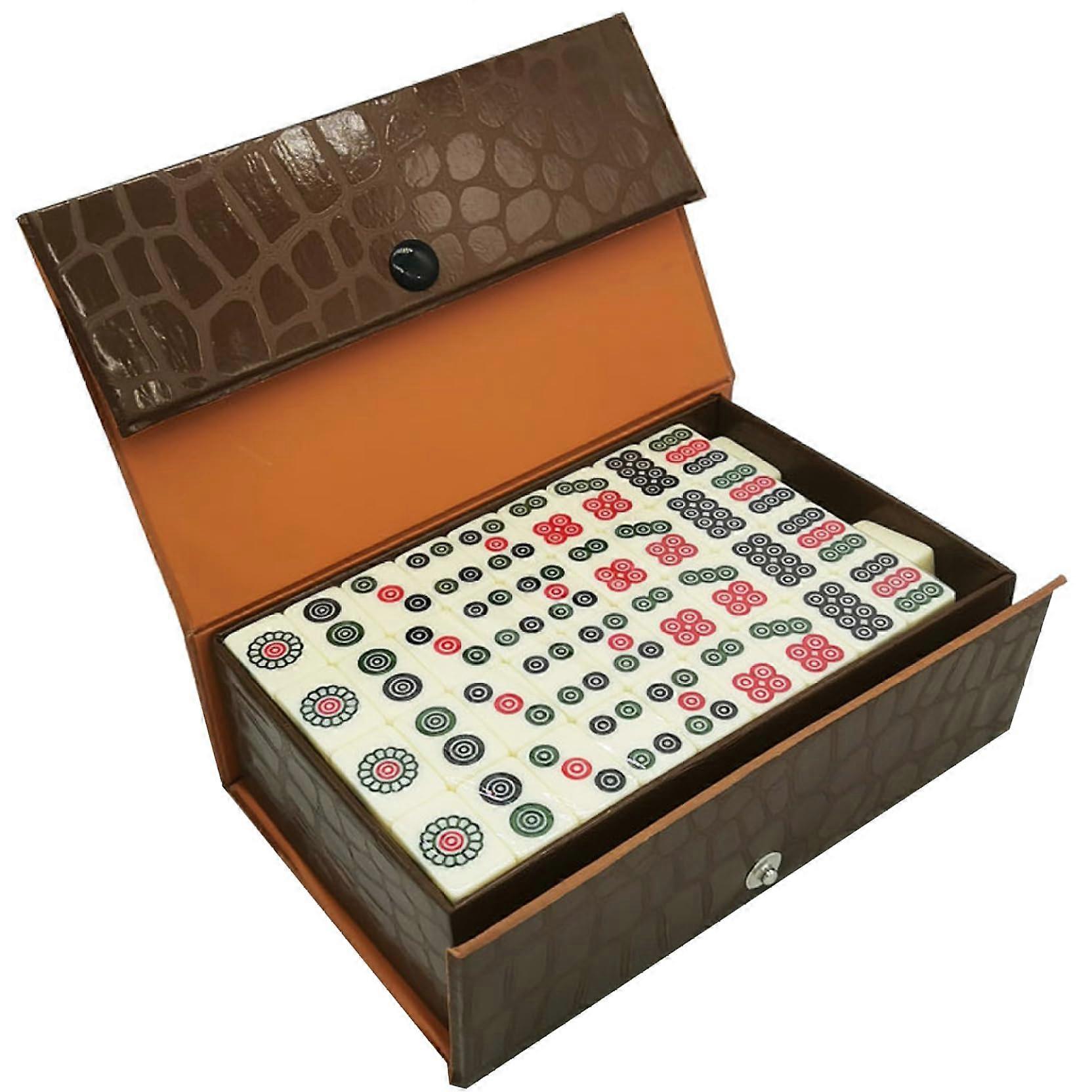 Chinese Mahjong Set with 144 Tiles - Portable Mini Mahjong Game with Brown Carry Case for Travel, Camping, and Family Gatherings