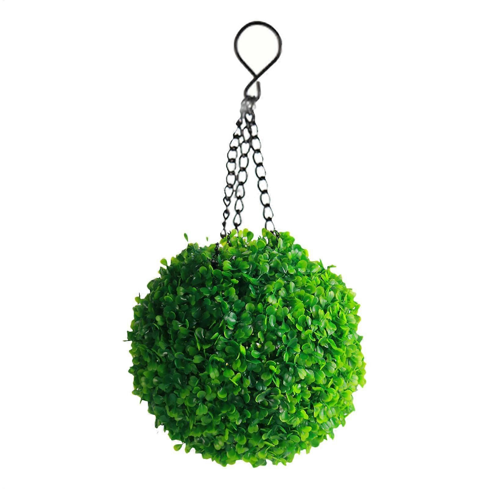 LED light sensor boxwood topiary ball, hanging artificial leaves, garden greenery.