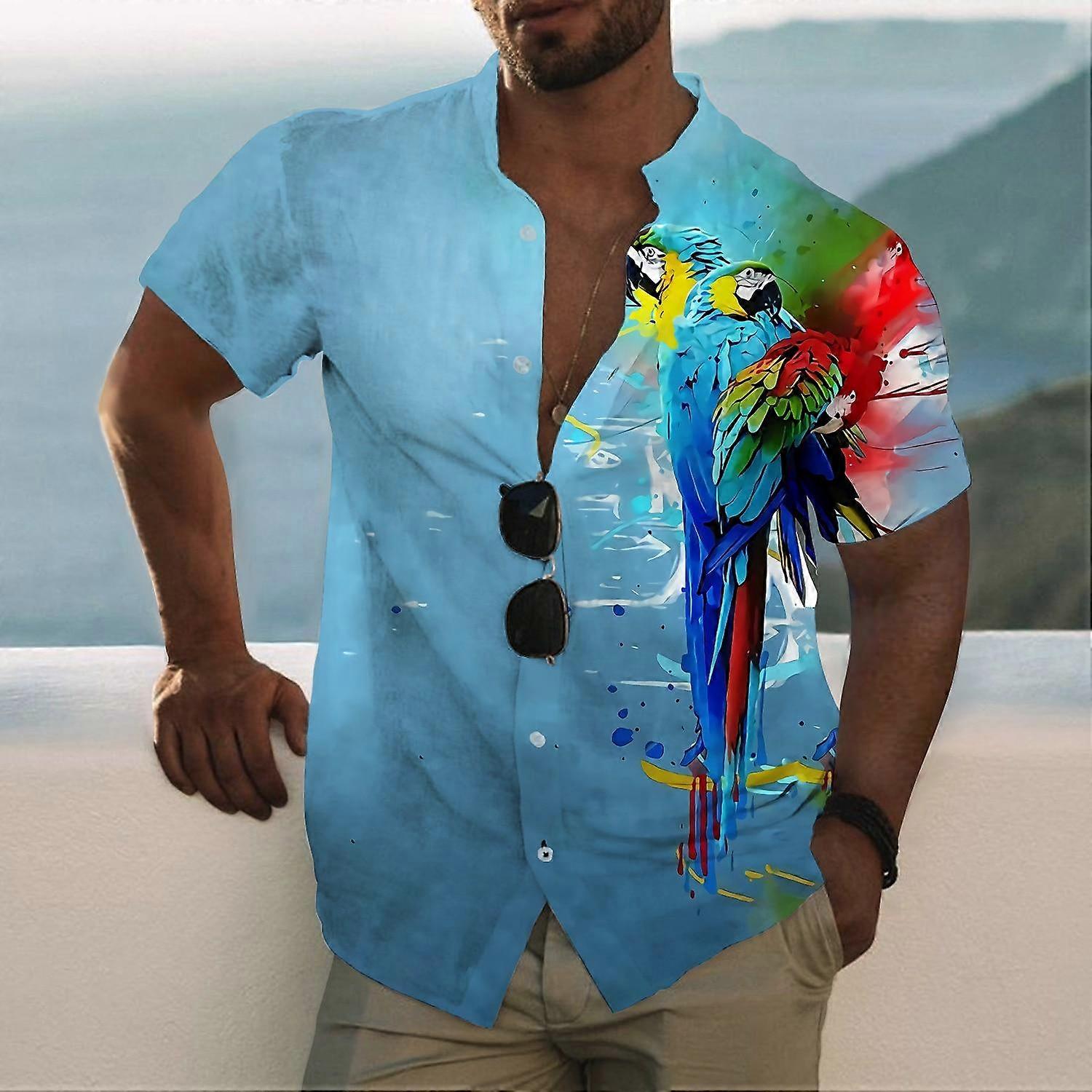 Herren 3D Papagei bedrucktes Hemd Button-Up-Hemd Freizeithemd Sommerhemd Kurzarm Tägliche Urlaubskleidung