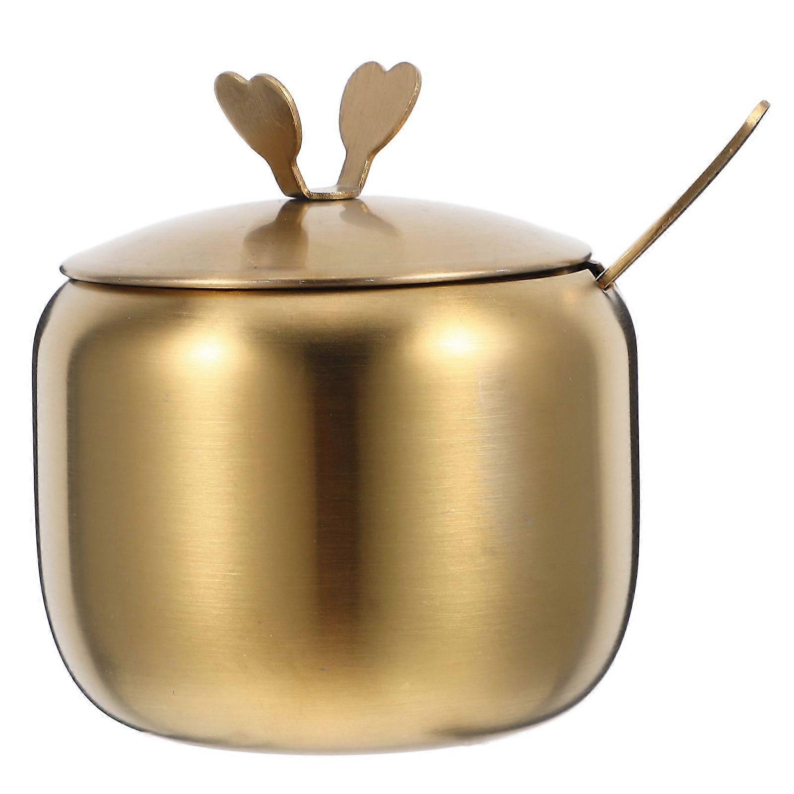 Stainless Steel Sugar Bowl With Lid And Spoon Coffee Seasoning Jar Condiment Pot Spice Container Canister For Home And Kitchen Golden