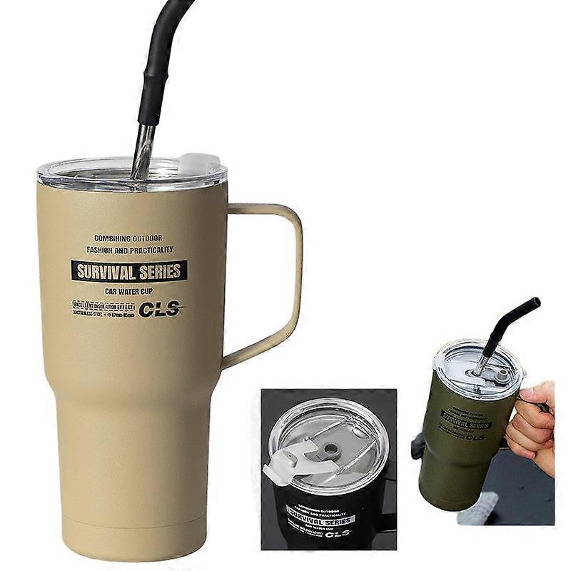 Outdoor camping cup, 900 ml, double-layer insulation with English pattern design