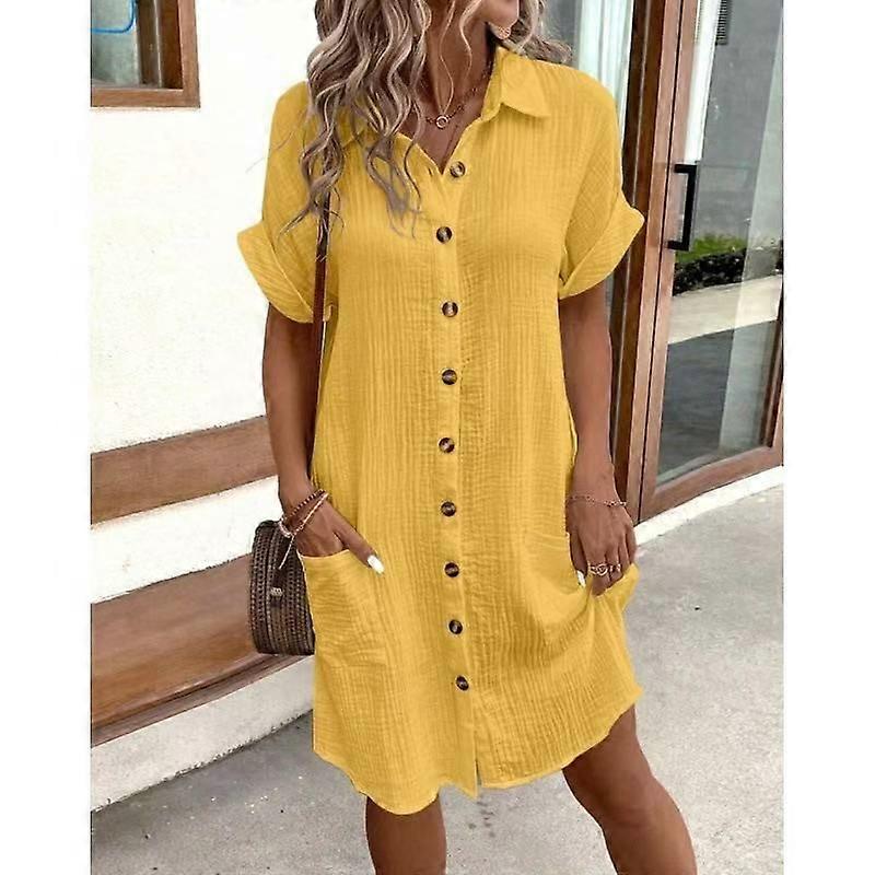 Casual solid color cotton and linen buttoned mid-length short-sleeved loose dress for women