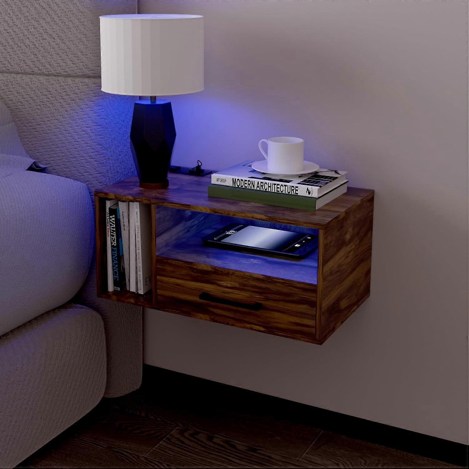Floating Nightstand with Charging Station & LED Lights, Wall Mounted Bedside Table with Drawers, 21.3"x11.8"x10", White