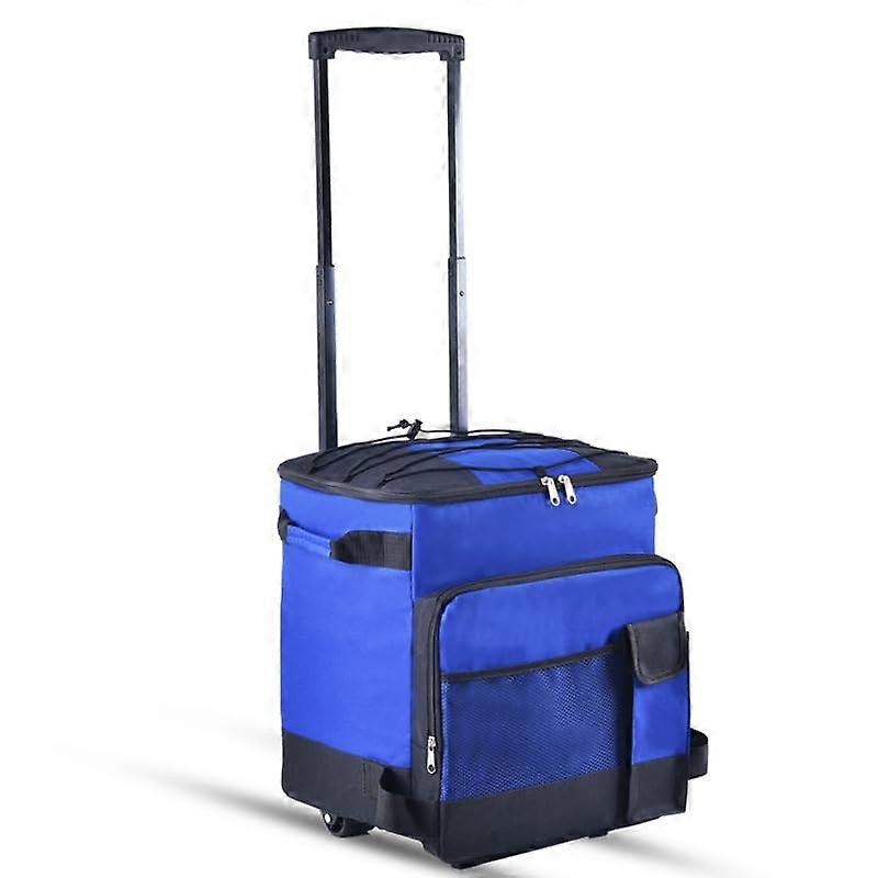 Rolling Cooler 43L Waterproof Insulated With Wheels Pull Handle Foldable Multi Pocket Zipper Closure Outdoor Royal Blue