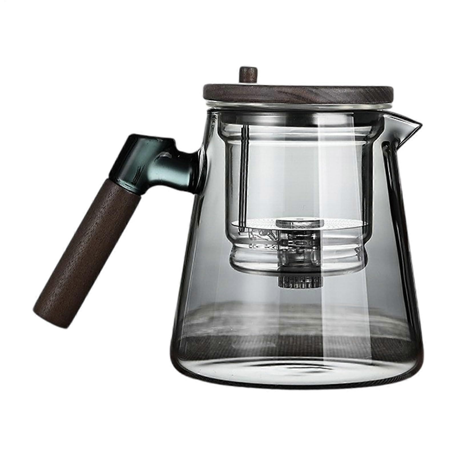 Glass Teapot With Strainer, Wooden Handle, Gray Press Teapot For Tea Water Separation
