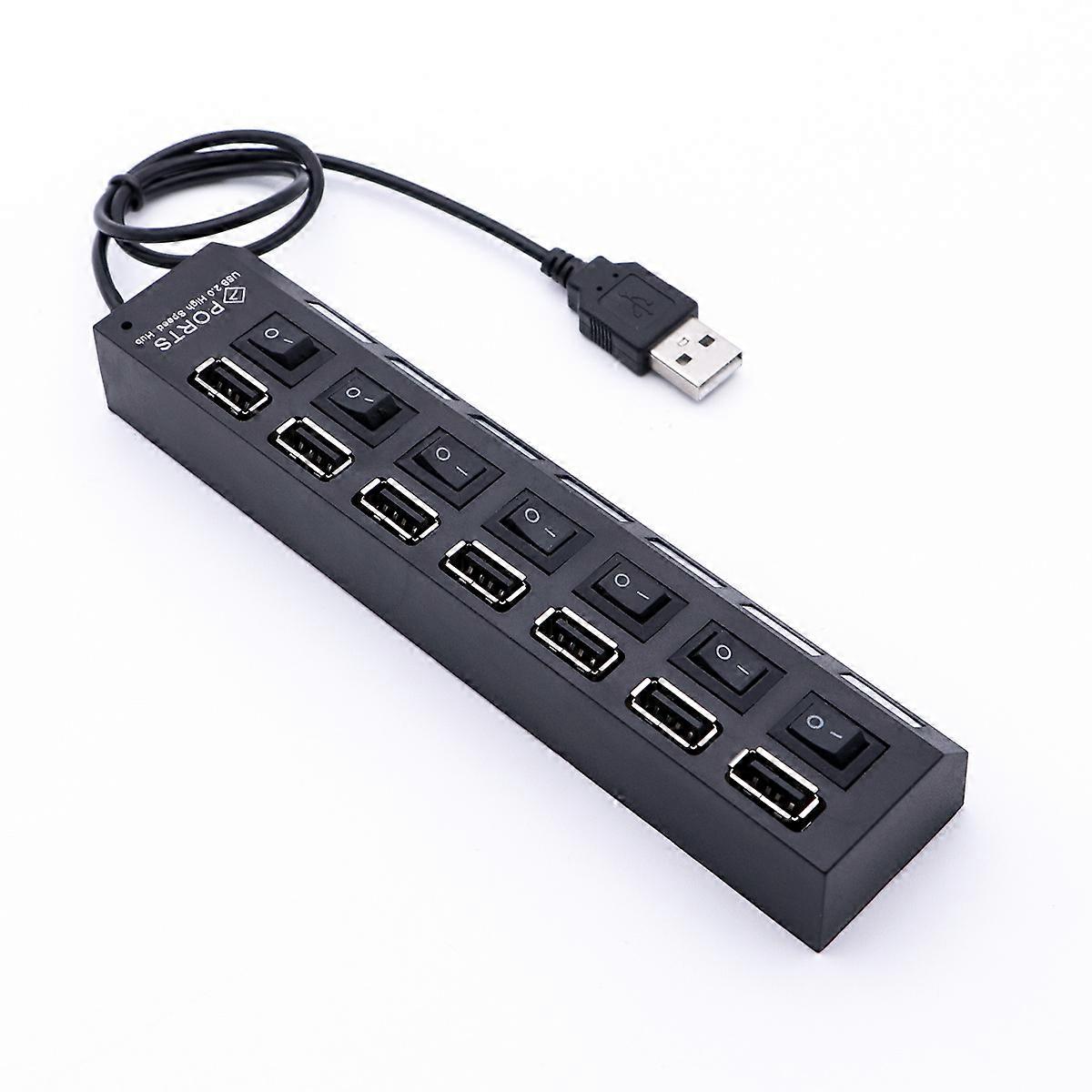 Multi Port Usb Data Hub With Individual For Home Use Black 7 Ports Usb 2.0 Power Status Indicator Durable Plastic Material 1Pack
