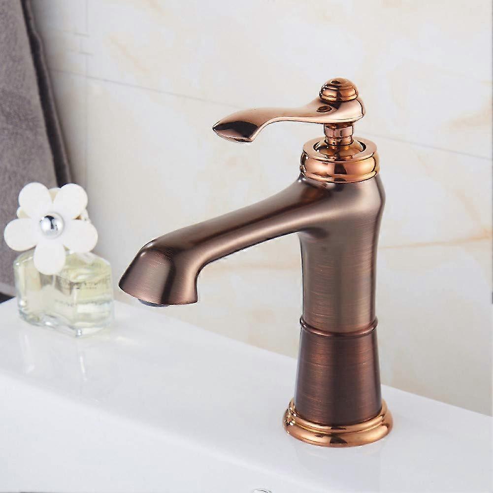 Copper Basin Faucet Brown Bronze Hot Cold Sink Tap Single Hole Rose Gold Finish Stylish Durable Bathroom Taps