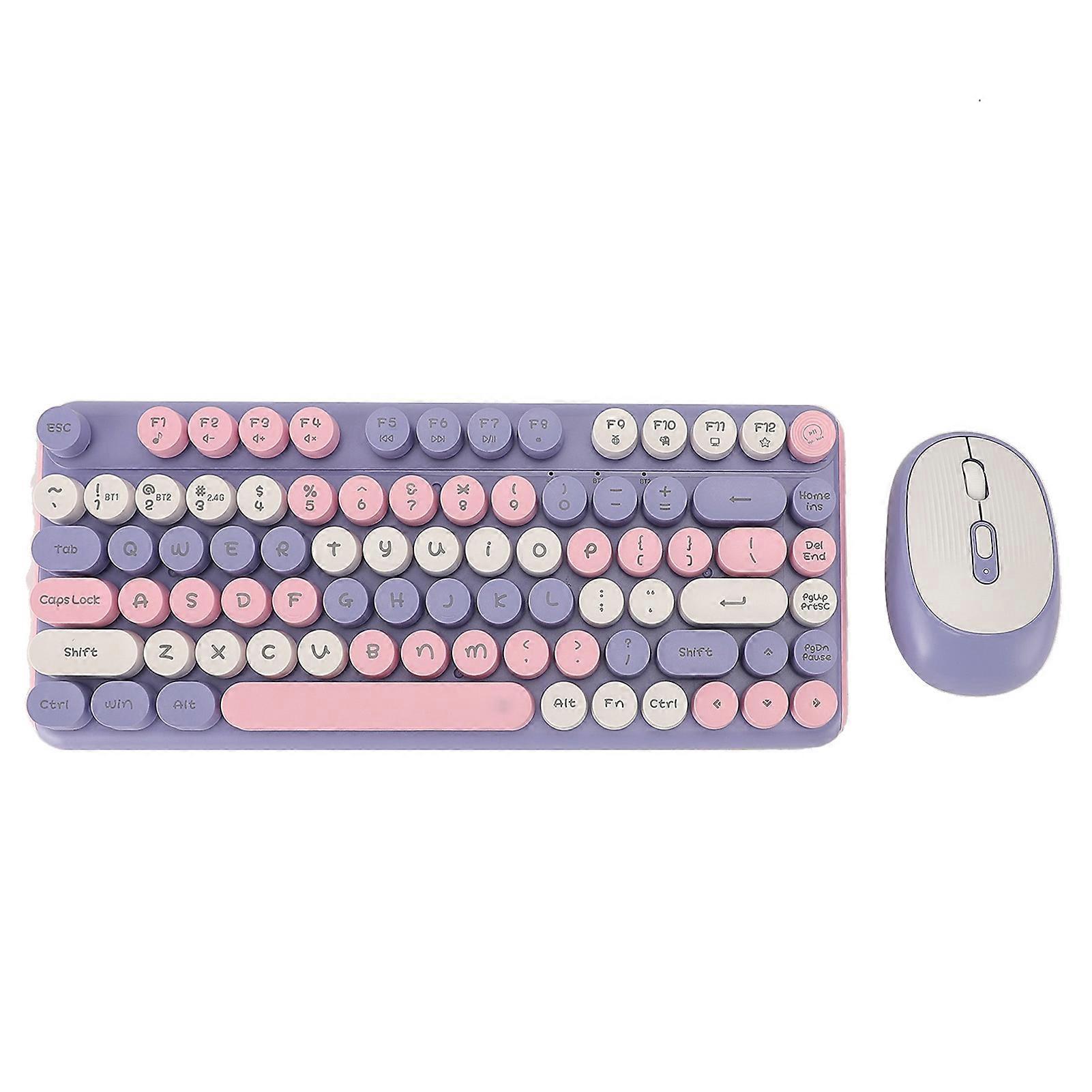 2.4G Bluetooth Wireless Keyboard Mouse Combo Retro Colorful 3 DPI Adjustable Round Keycaps Quiet Keyboard Mouse Set for Desktop Laptop Violet Dual Mo
