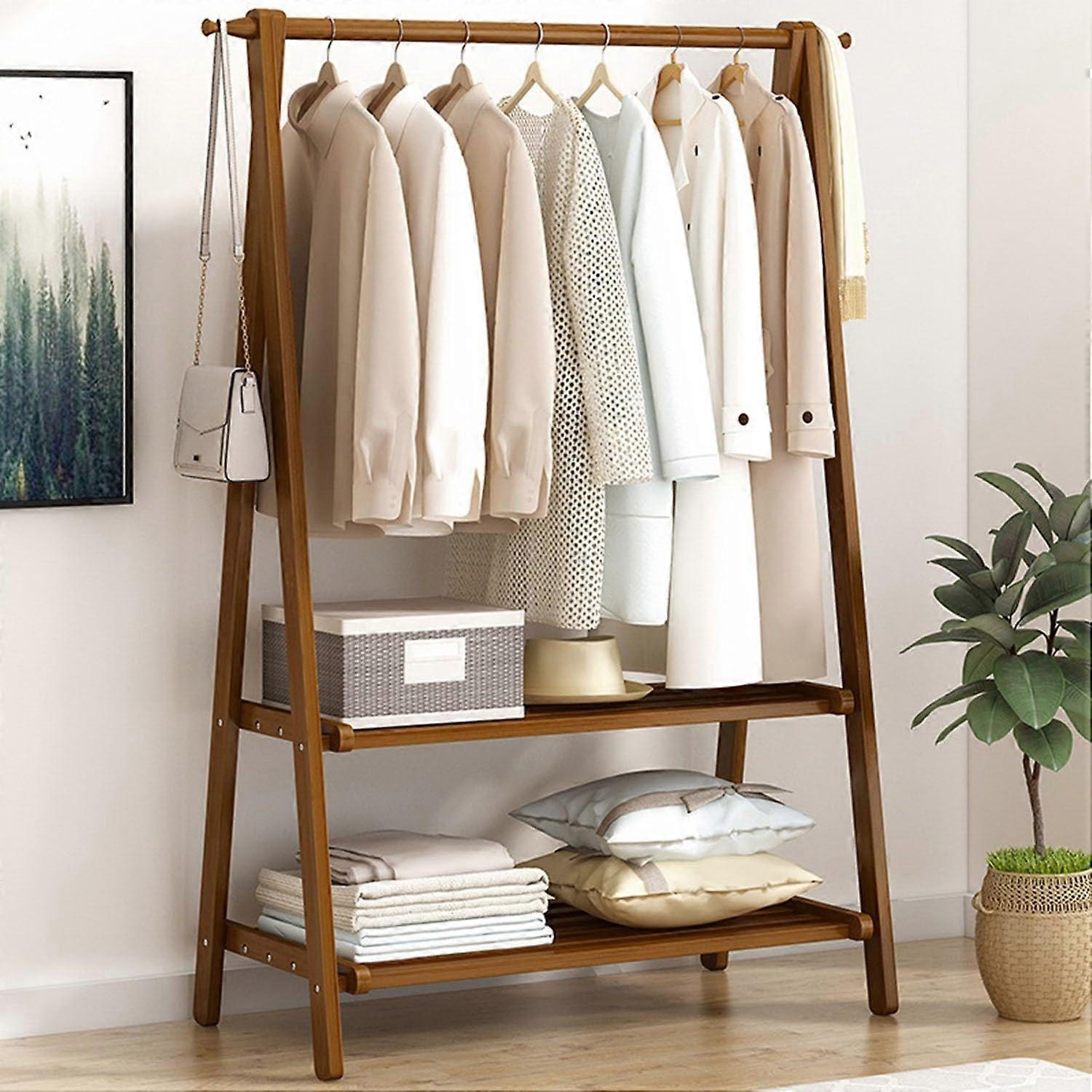 Foldable Wooden Clothes Rail, Double Layer Shelf, Large Garment Rack, 2Tier Storage, Brown, 116x40x160 cm