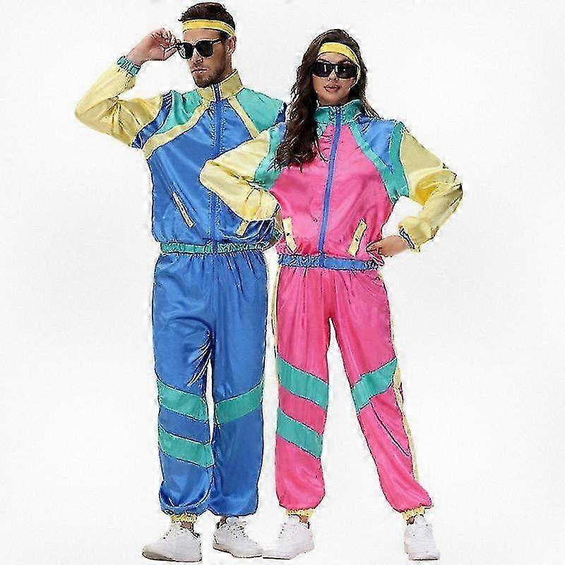 2025 Retro 80s Unisex Windbreaker Tracksuit Set Colorblock Hip Hop Disco One Piece Outfit with Elastic Waistband
