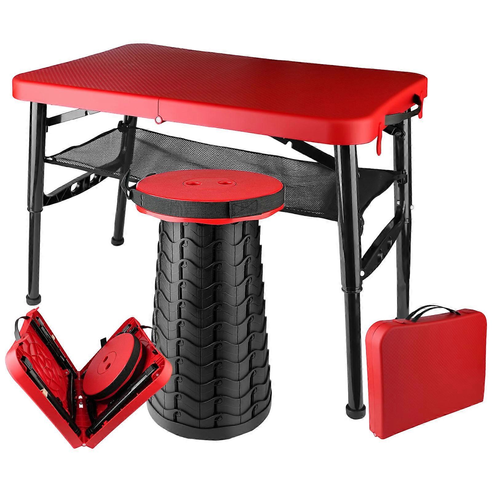 Foldable Table Stool Set Portable Carry Handle Design Quick Setups for Camping Parties Folding Table  Red