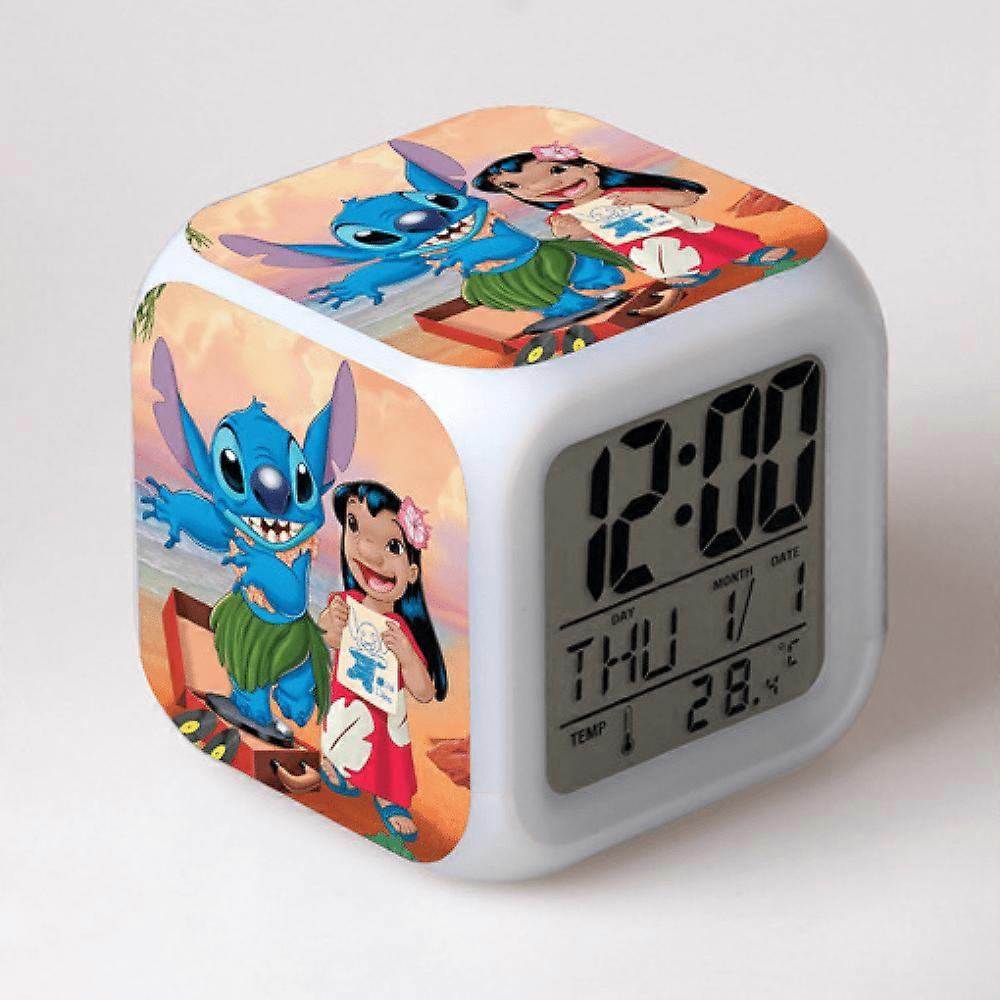 HANNTAOO Digital Alarm Clock for Kids, Cartoon Stitch 7 Color LED Wake Up Light with Thermometer & Night Light, Gift for Boys Girls