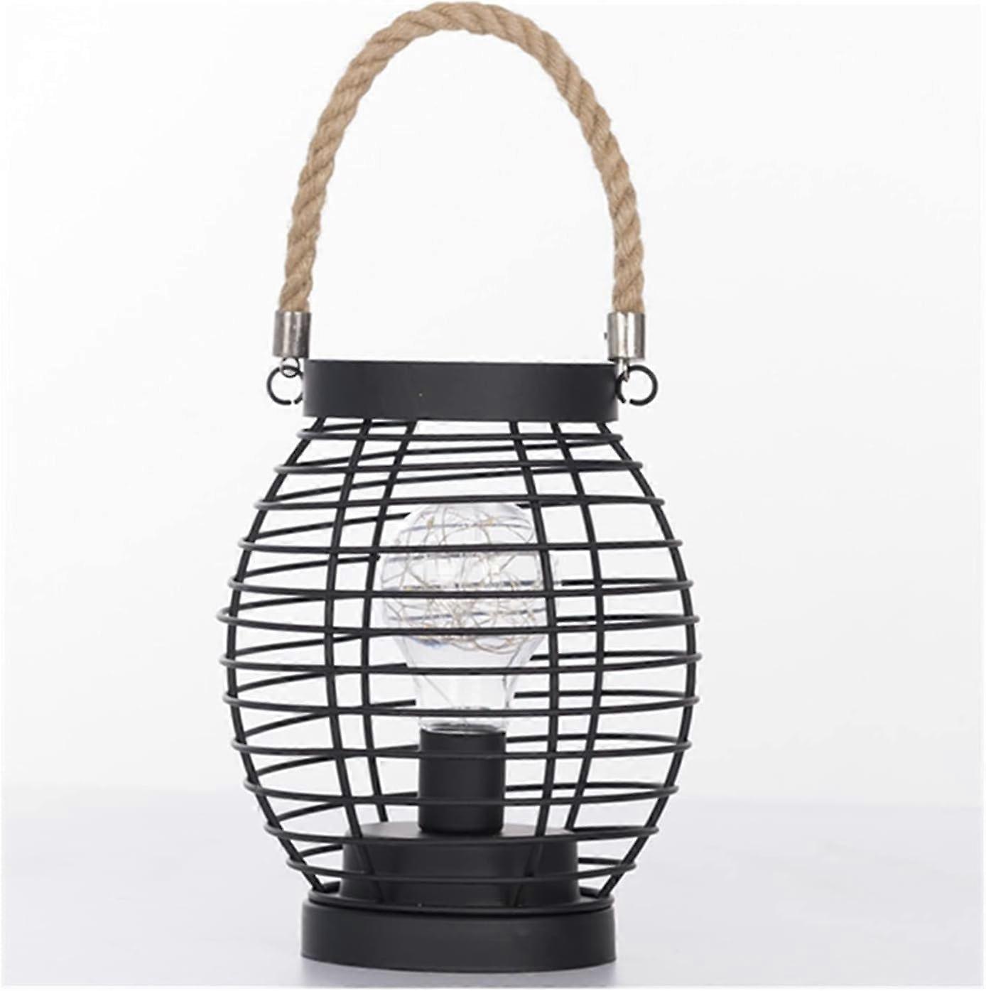 Bedside Table Lamp Battery Powered LED Iron Lantern with Hemp Rope Handle Rustic E27 Light