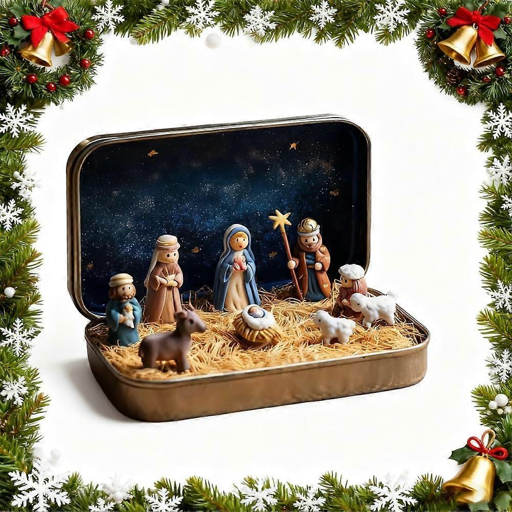 Mini Nativity Set in Tin Box with Handcrafted Figures, Pocket Size Holy Family Christmas Display