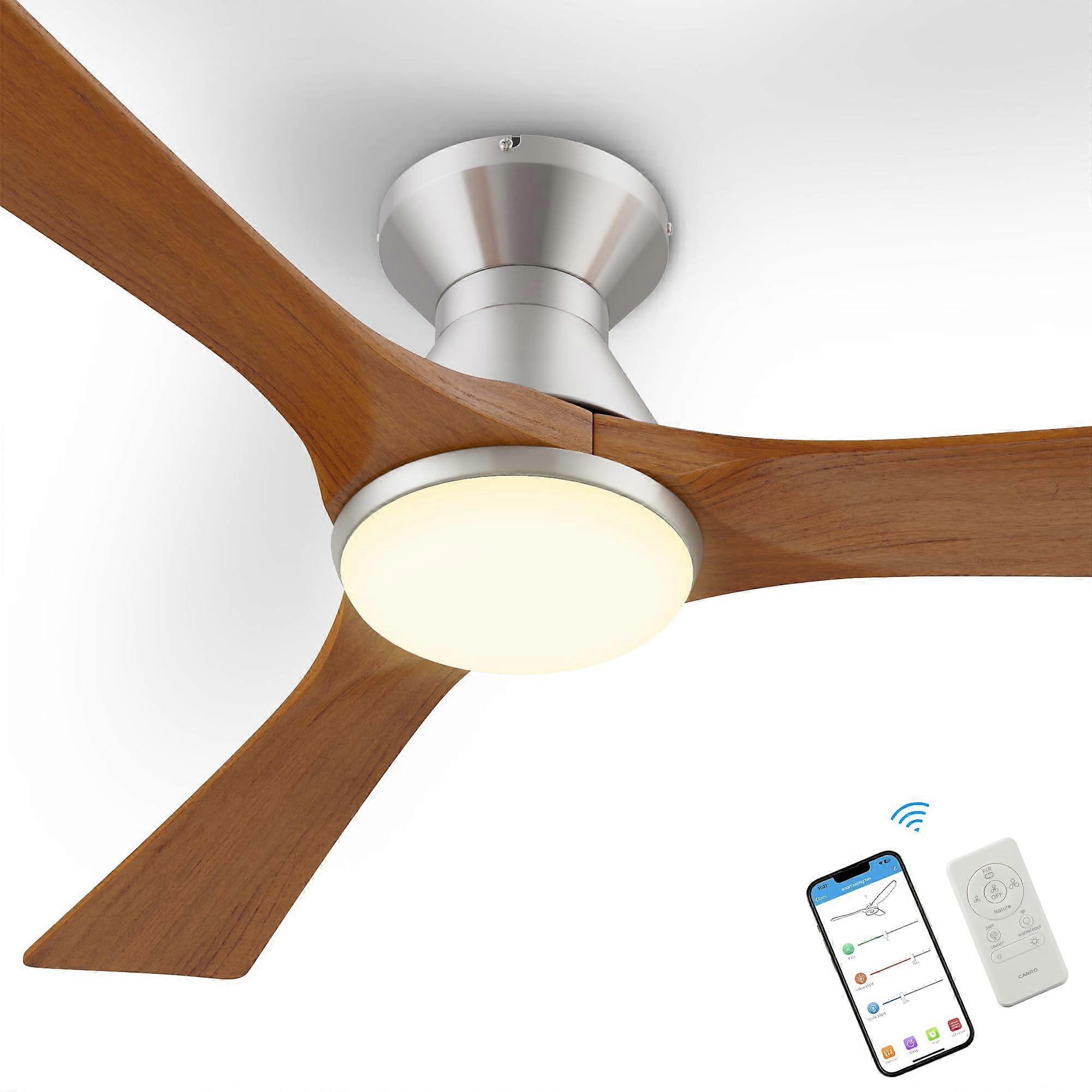 52 Inch Smart Ceiling Fan with Light, Low Profile Flush Mount, Remote and App Control, Walnut