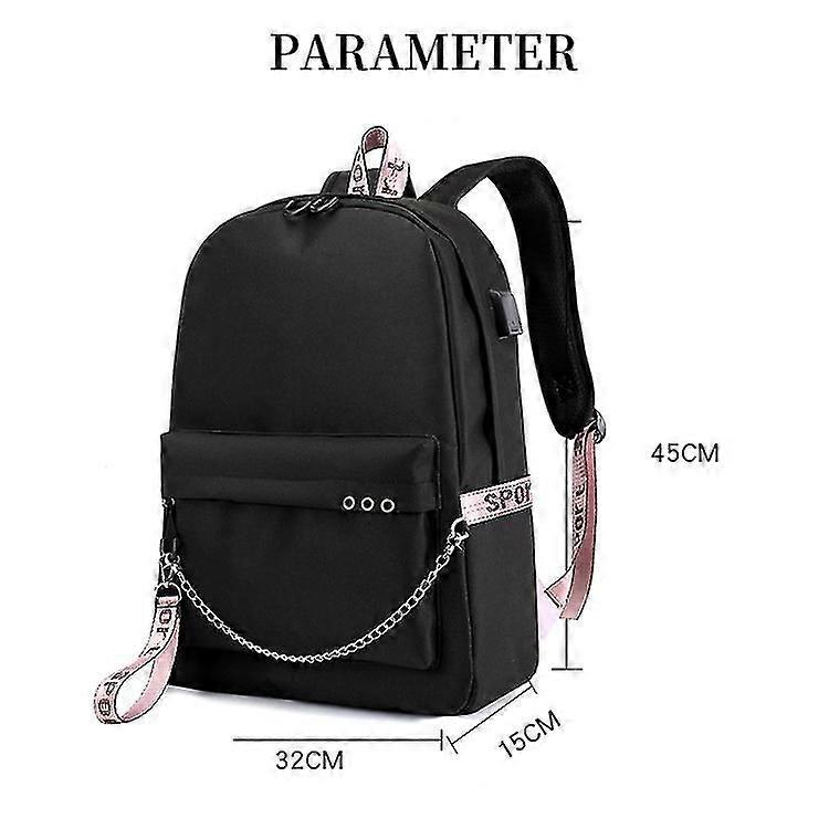 Black Pink Printed Usb Rechargeable Backpack Casual Student School Bag