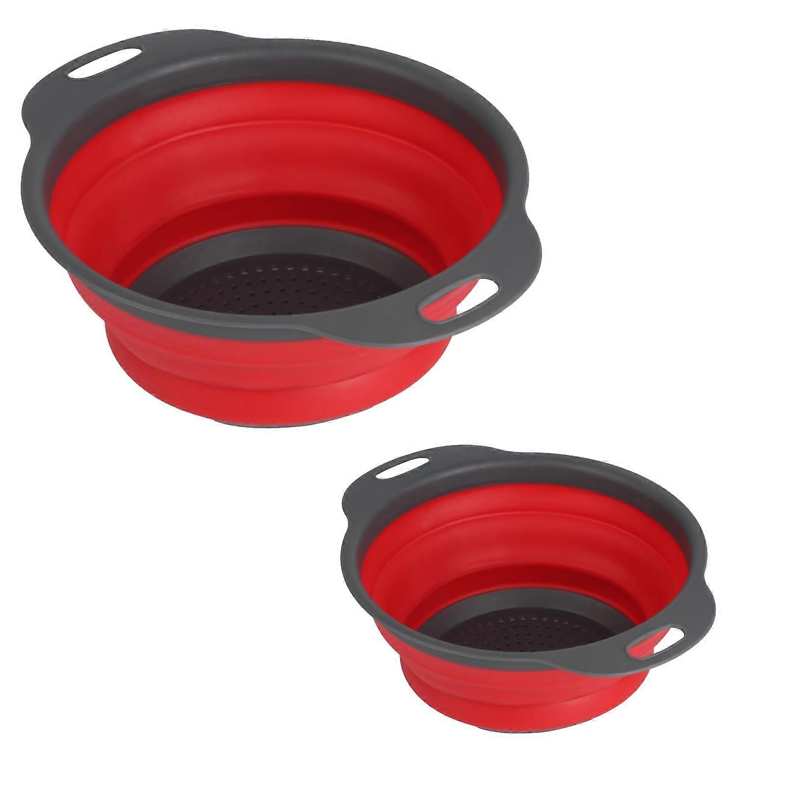 2 Pcs Collapsible Silicone Colander with Handles, Foldable Kitchen Strainer for Pasta, Fruit and Vegetables  Red