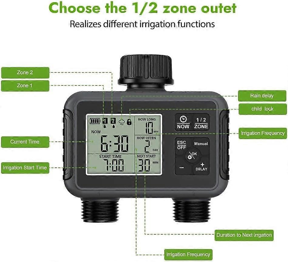 Garden Irrigation Timer Dual Zone Control IPX5 Waterproof with Rain Delay Adjustable 1h15d