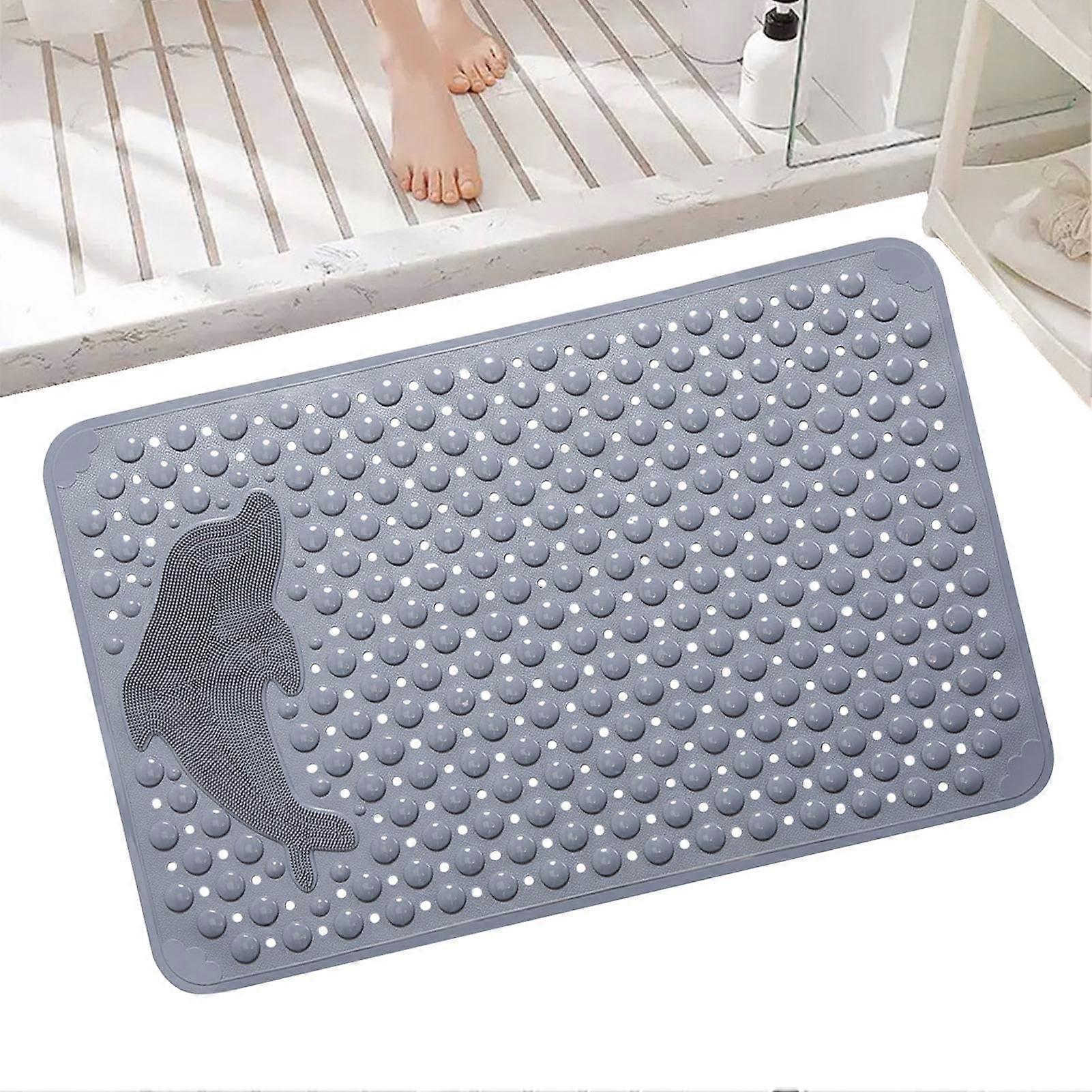 Non Slip Shower Mat with Suction Cups for Bathroom, Soft PVC Dolphin Pattern Bath Mat, Gray