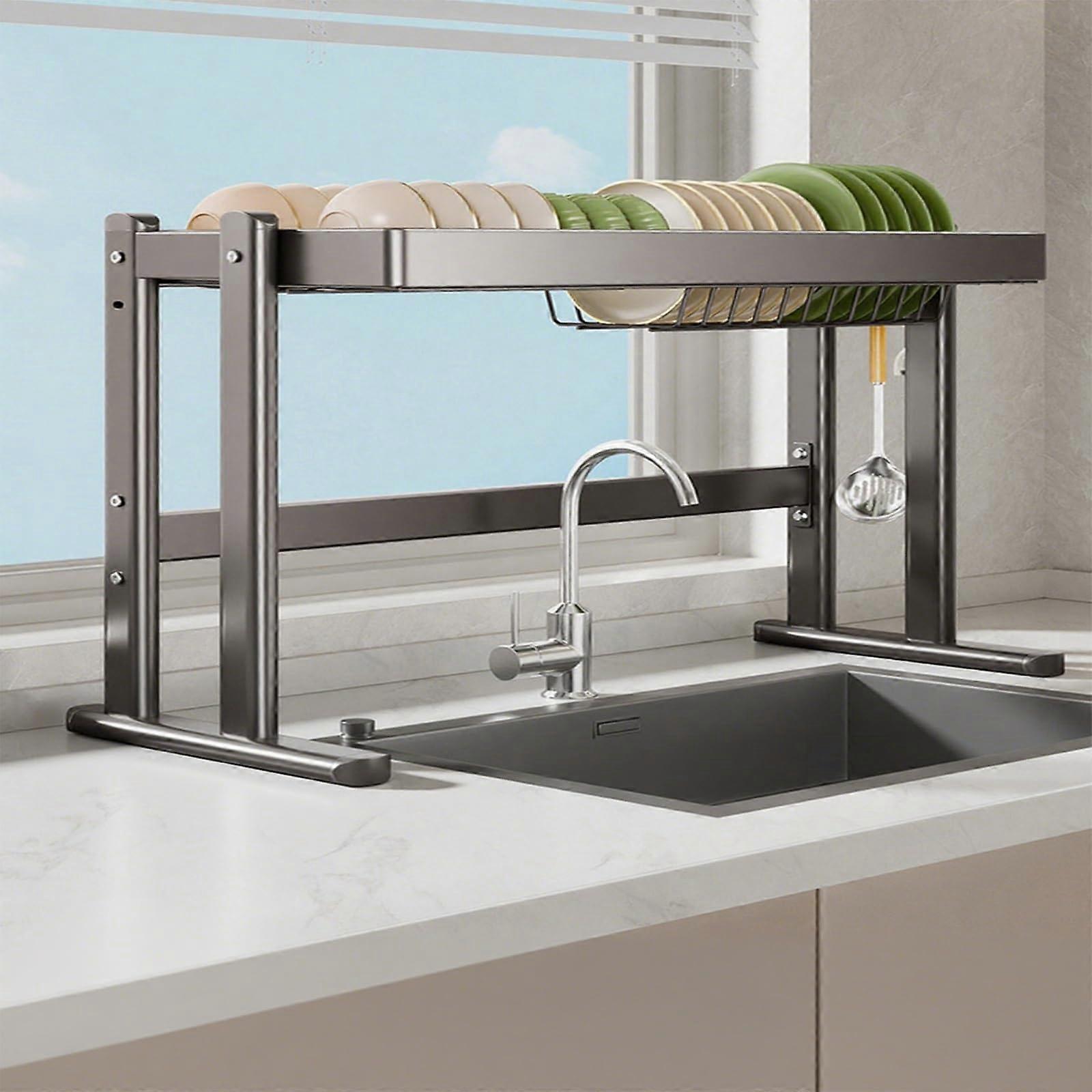 Over Sink Dish Rack Double Layer Large Capacity Rustproof Steel Kitchen Dish Drying Organizer Gun Gray 84cm