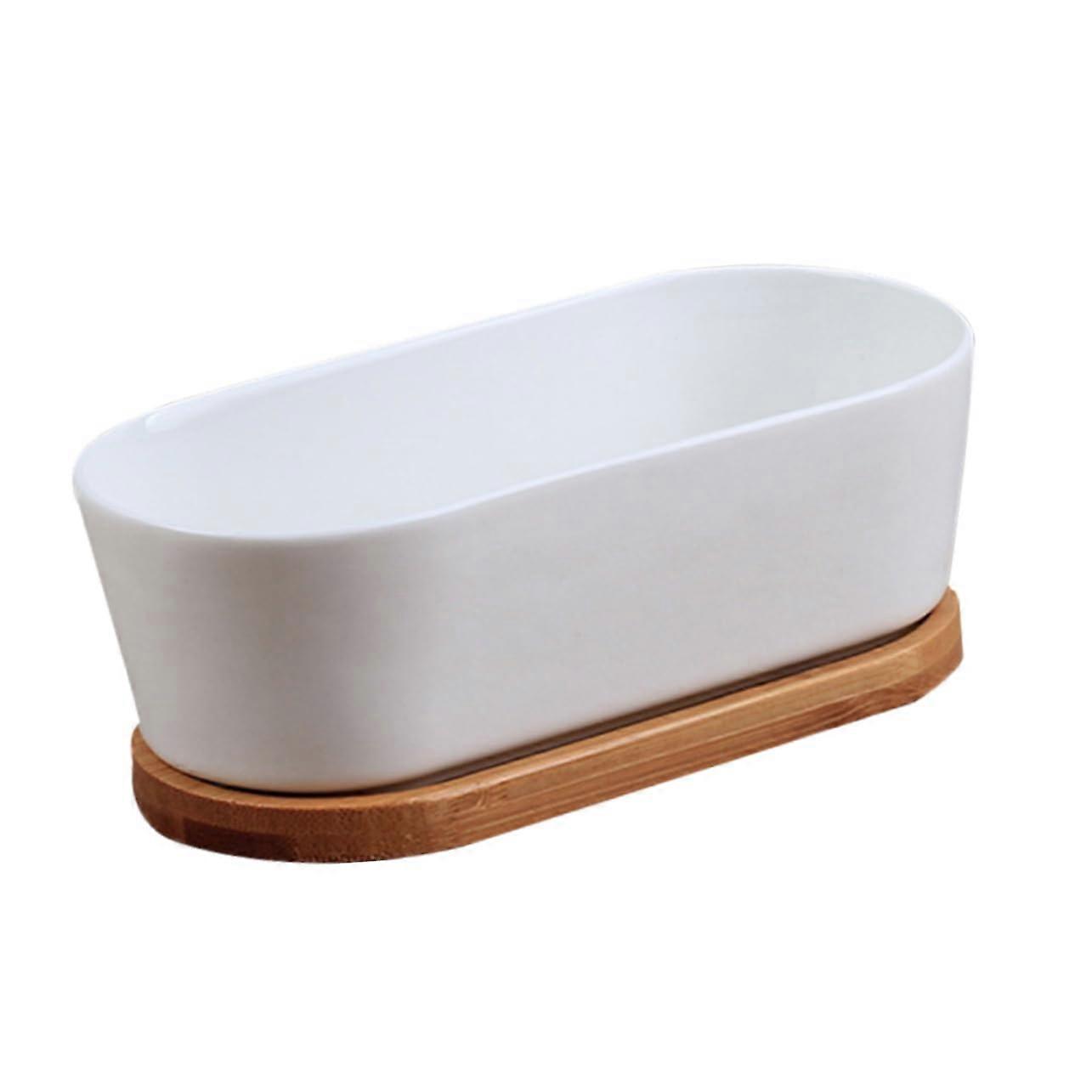 Set of 2 Rectangular Ceramic Planters with Drainage Tray for Indoor Succulent or Cactus