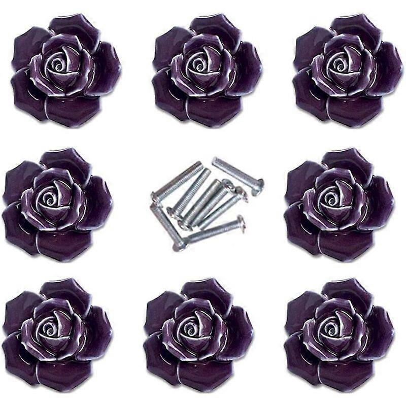 8pcs Elegant Purple Pink Pulls Flower Ceramic Cabinet Knobs Cupboard Drawer Pull Handles