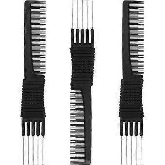 Combs with Metal Prong - Salon Teasing Back Combs with Stainless Steel Lift Black 3 Pack