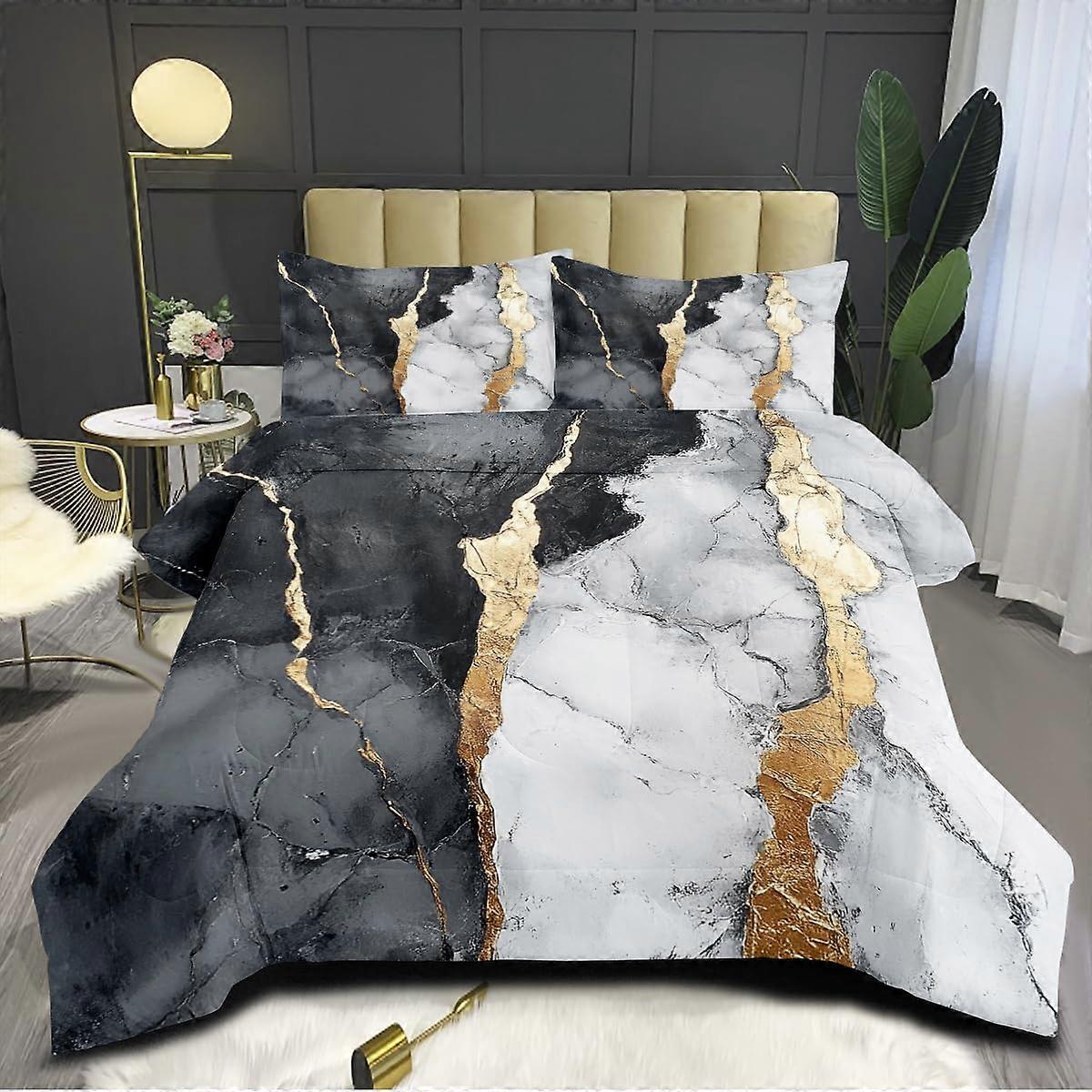 White and Black Marble Comforter Set Full Size Bedding, Stylish Marble Pattern, Machine Washable