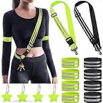 14-Piece Reflective Strip Set, 2 Adjustable Reflective Belts, 8 Reflective Armbands, 4 Reflective Pendants, Reflective Strip for Cycling, Running, and