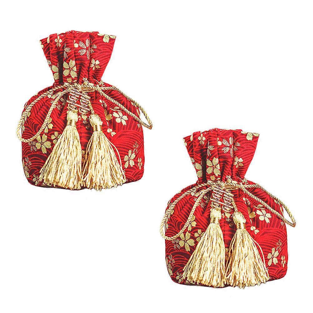 Wedding Candy Pouch Red Cloth Drawstring for Storage Use 2Pcs