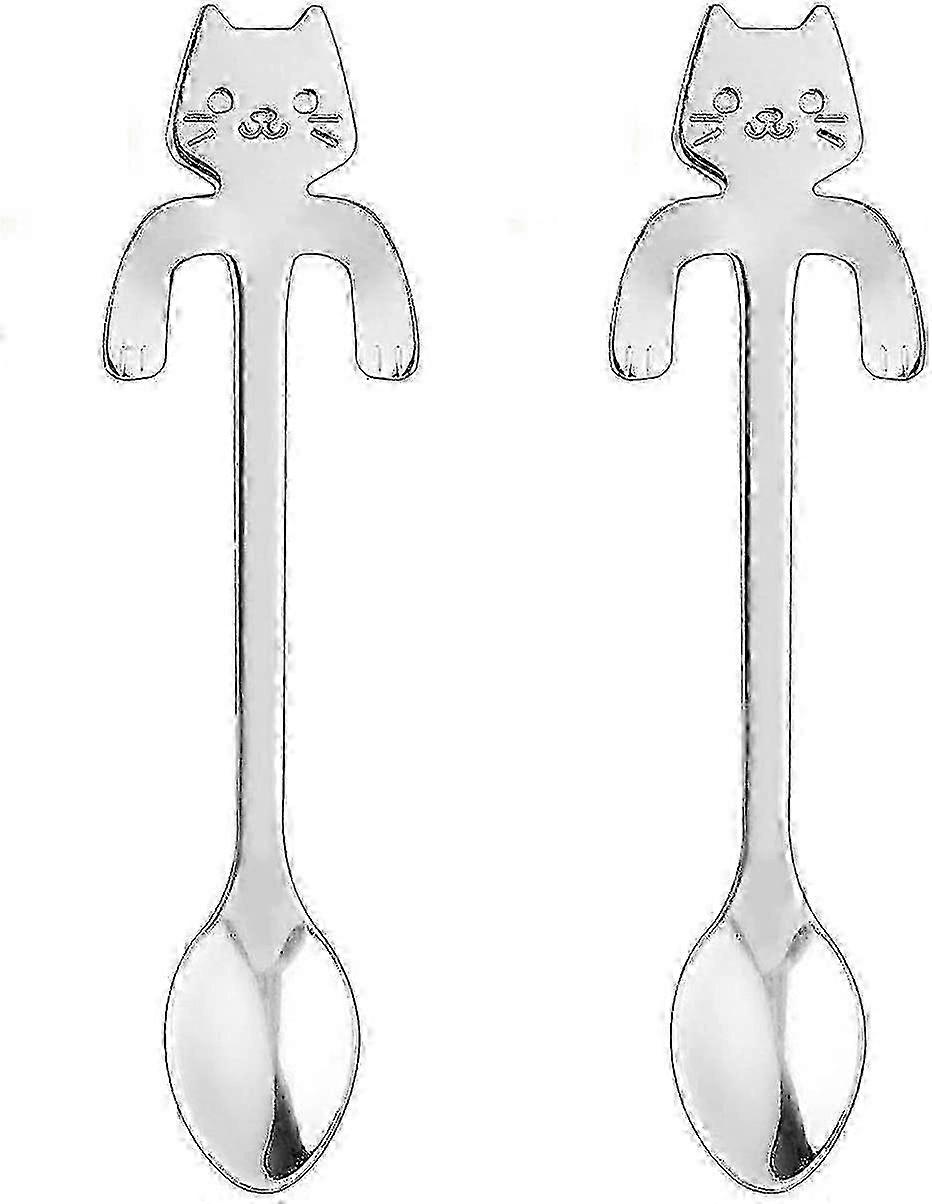 Cute Cat, Coffee Spoon,2 Pcs (silver)
