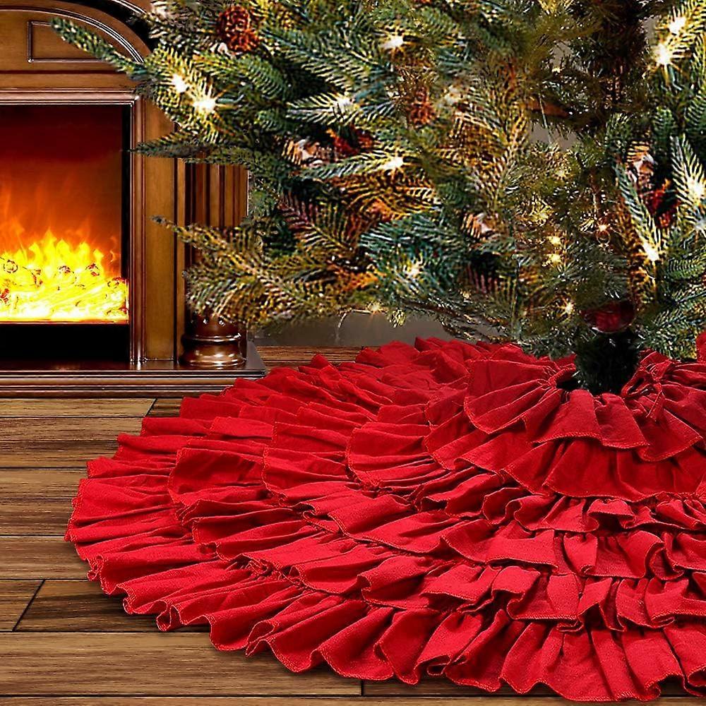Red Linen Ruffled Christmas Tree Skirt