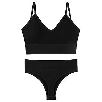 Women Wheel-free Bra And Thong Set Rib Underwear High Cut Panties