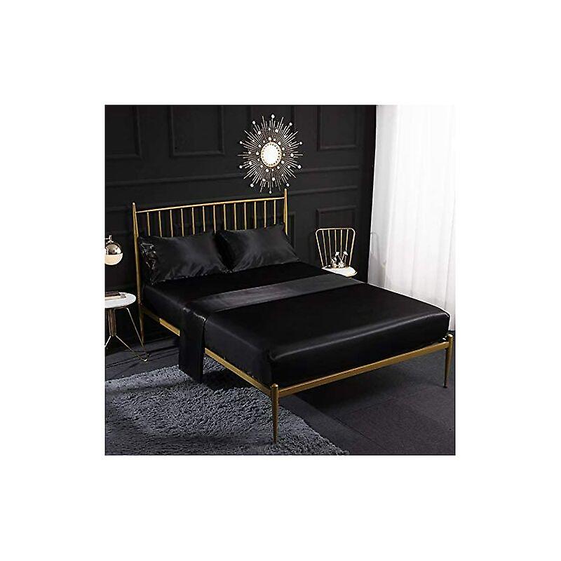Cream Silk Satin 3 Piece Bedding Set with Fitted Sheet, Flat Sheet, Pillowcase, Breathable, Soft and Comfortable Black (Twin)