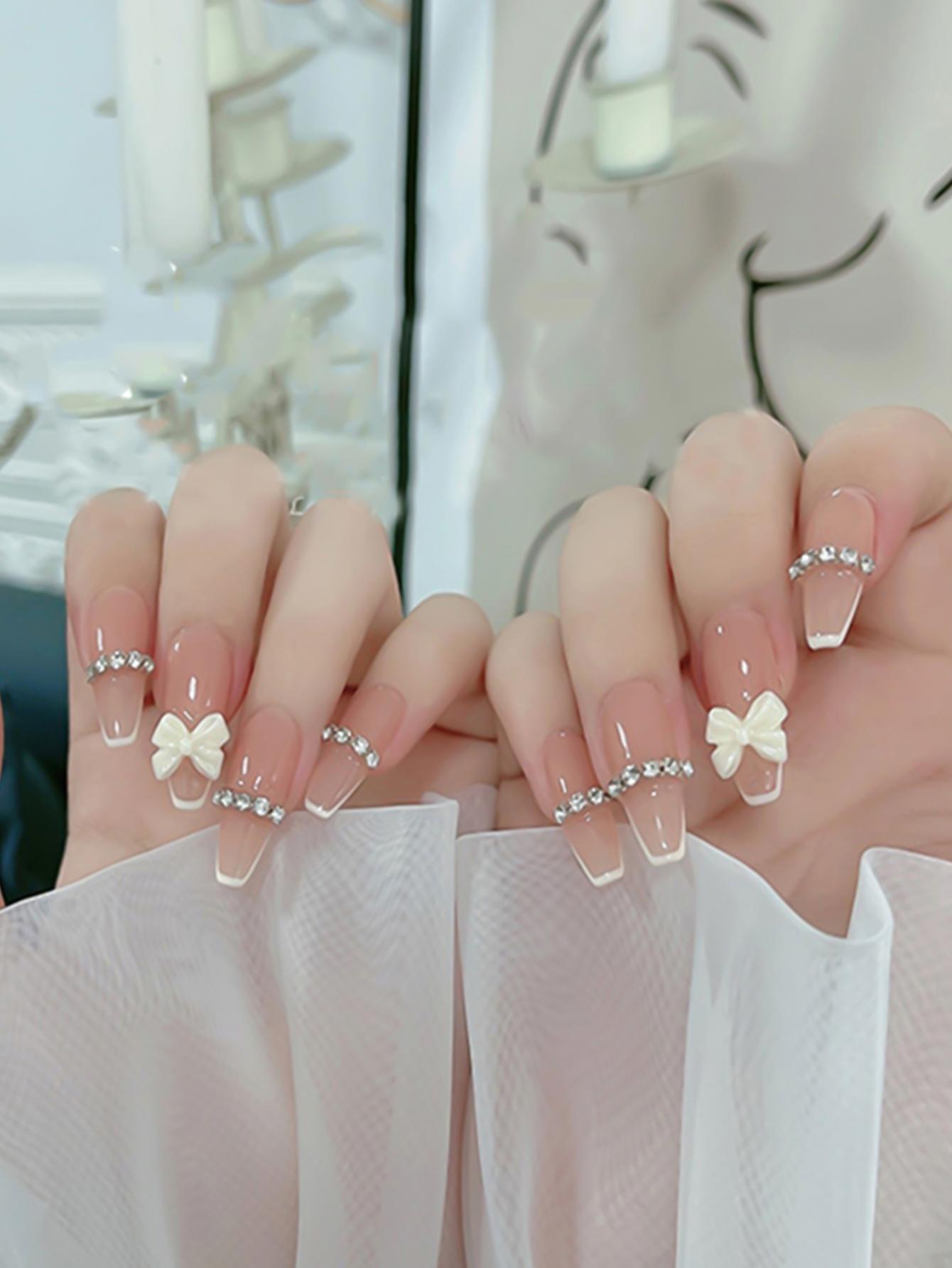 24pcs Rhinestone Inlaid Nail Patch Glue Type Removable Long Paragraph Manicure  False Nail Patch New