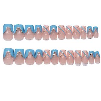 Clear Pink Fake Square Nails With Blue Line Decor Long Lasting Safe Material Waterproof False Nails For Professional Nail Art Salon Supply