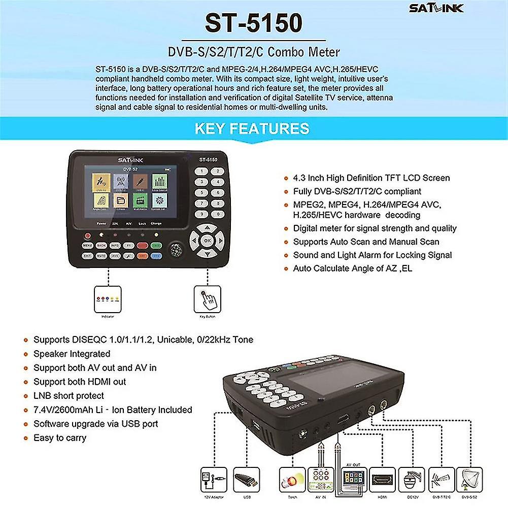 Sat Finder St-5150 Dvb-s2/t2/c Hd Satellite Tv Finder Meter 4.3 Inch Large Screen Satellite Detector Instrument