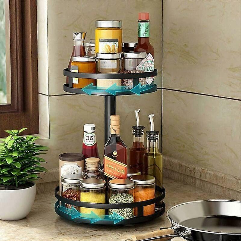 (Round, 2 Tier) 360 Degree Rotating Spice Rack Awesome Storage Spice Rack Easy to Assemble Multipurpose Rotating Countertop Organizer in Black Stainle