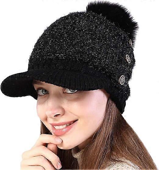 Women's Winter Knitted Hat with Pompom and 3 Button Visor - Warm Lining