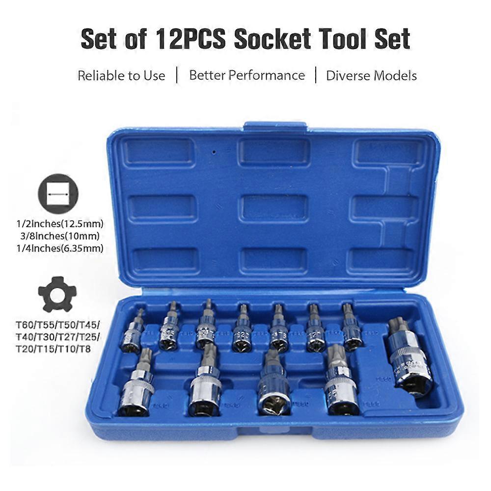 Set of 12PCS Socket Tool Set Torx Star Bit Accessories Kit with Portable G rid Toolbox