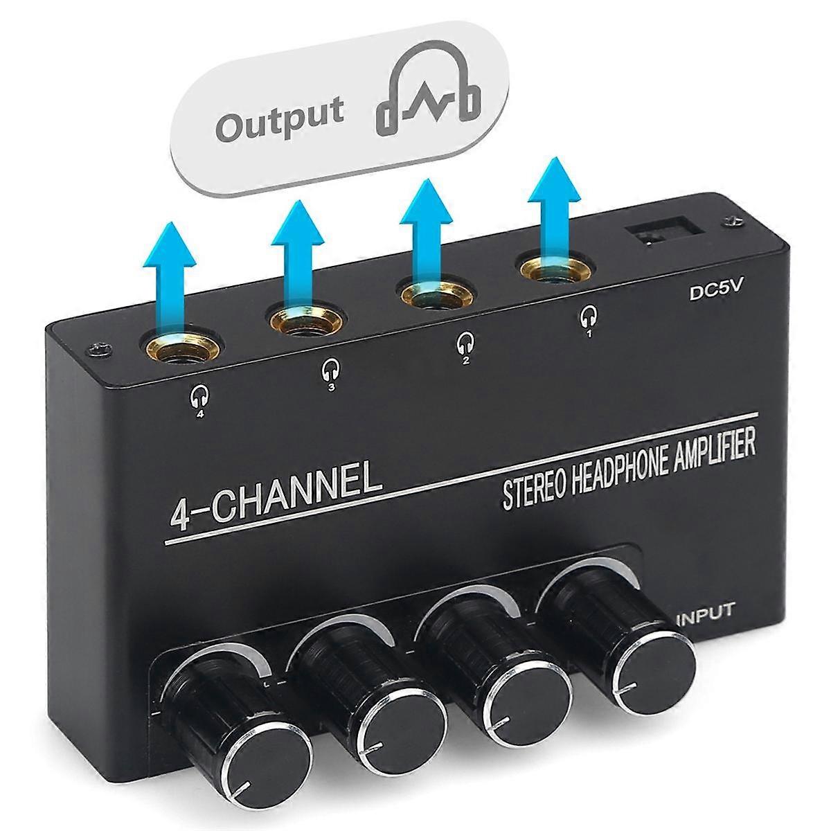 Headphone Amplifier Compact Stereo Earphone Amplifier Audio Amplifier 4 Channels for 6.35MM Jack wi