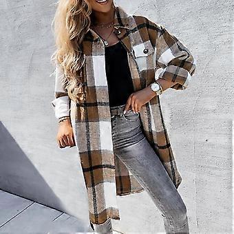 Botão de lapela casual das mulheres para baixo casaco longo com bolso no peito estampa xadrez aberta frente Cardigans Outwear