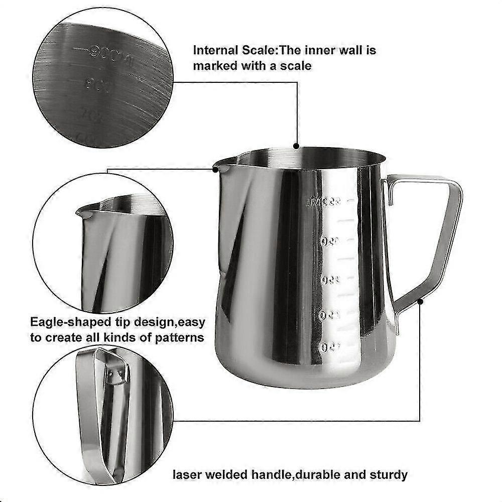 900Ml Milk Coffee Pitcher Latte Espresso Frothing Scale Jug Pot Tank Stainless Steel