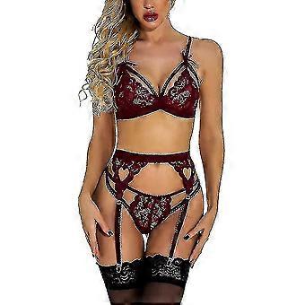 Women Lace Garter Lingerie Set(m,wine Red)-ZZY