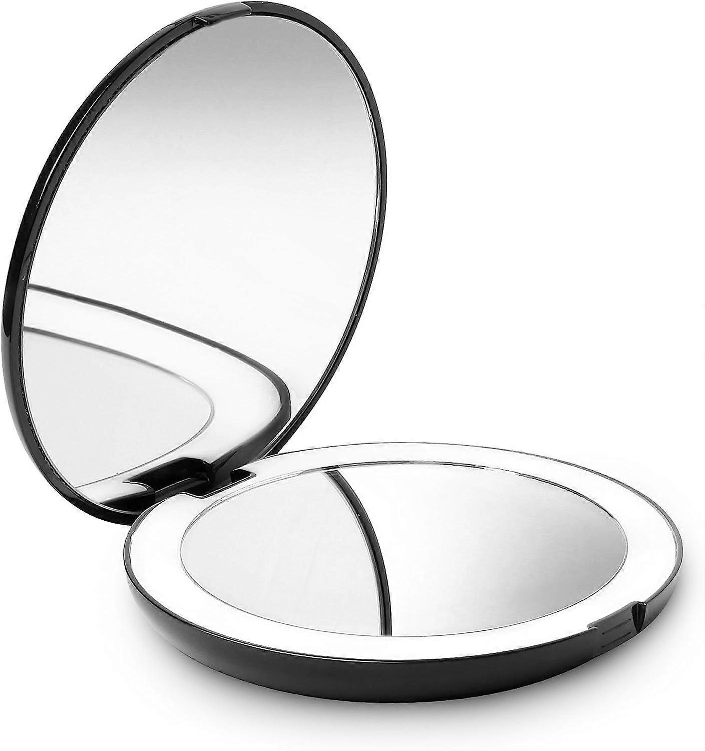 LED Lighted Pocket Mirror, 1x/10x Magnification - Large Natural Lighted Handheld Makeup Mirror, 5" in Diameter, Compact and Portable for Travel (Black