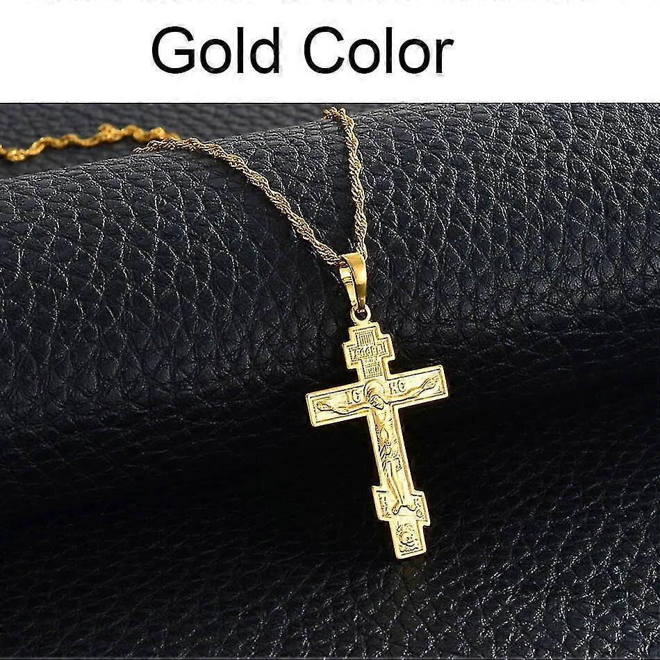 Women's Gold Color Russian Orthodox Christianity Church Eternal Cross Charms Pendant Necklace Jewelry Russia Greece Ukraine With 45Cm Thin Chain