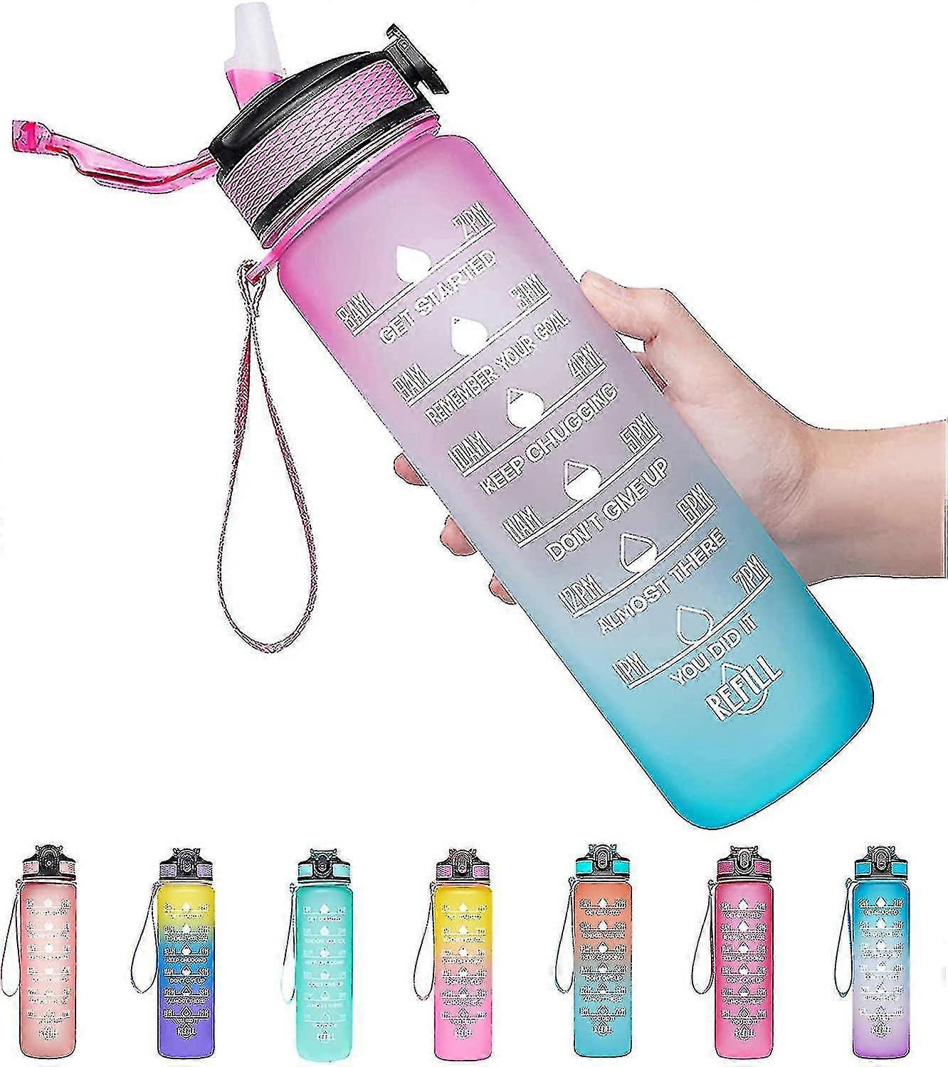 32oz Leakproof Drinking Water Bottle With Time Marker & Straw