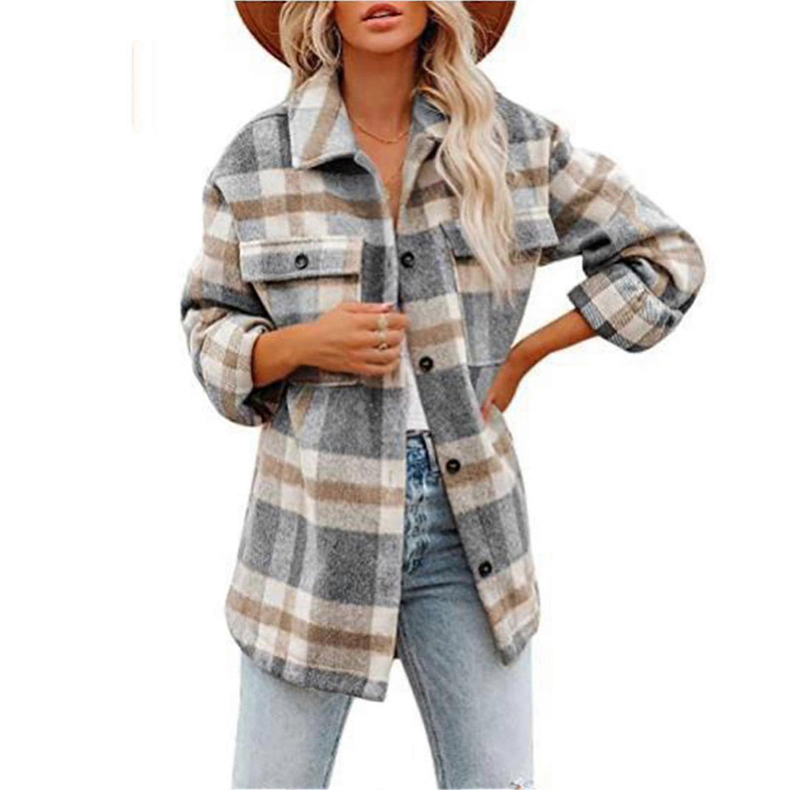 Femei Flannel Loose Coat Femei Turndown-guler Coat Grid Model Coat pentru femei cu un singur sân Casual Coat Femei