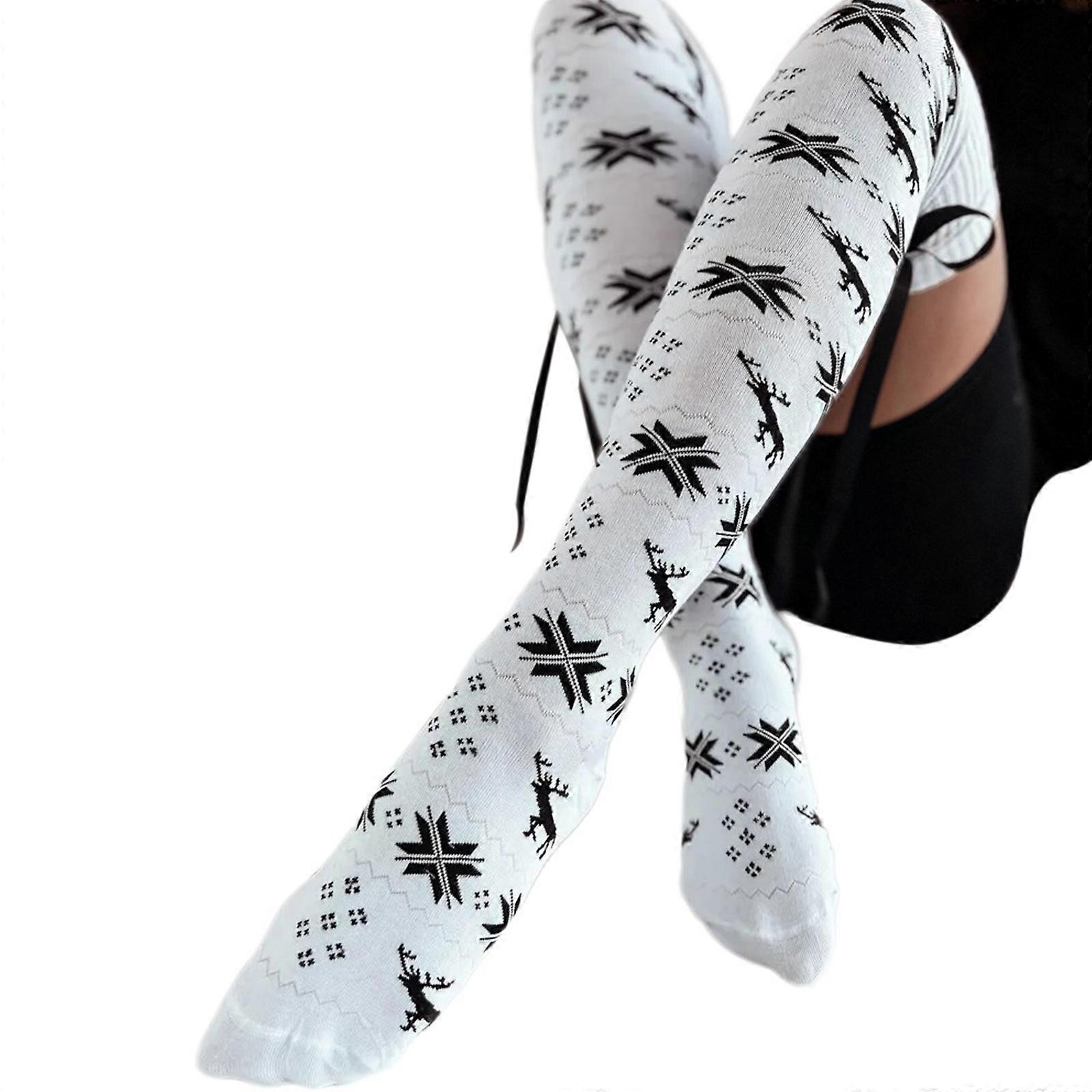 نسائي عيد الميلاد محبوك الساق تدفئة الفخذ جوارب عالية مع دانتيل حتى أقواس ندفة الثلج نمط فوق الركبة طويل التمهيد جوارب أبيض وأسود