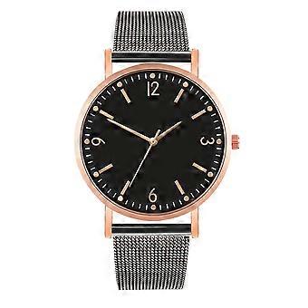 Fashion Mesh Belt Strap Quartz Watch Simple Casual Style Wristwatch (Black Rose Gold Black)